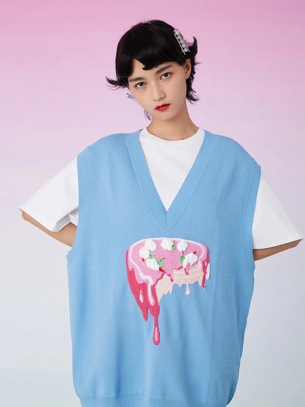 MUKZIN Knit Patched Oversize Blue Tank Top sold by Muzkin