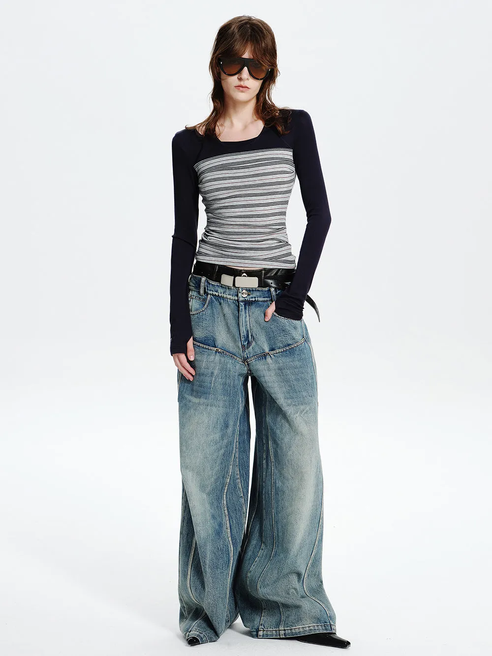 MUKTANK×MODULER Leather-Paneled Heavy-Duty Oversized Jeans sold by Muzkin product image thumbnail 5
