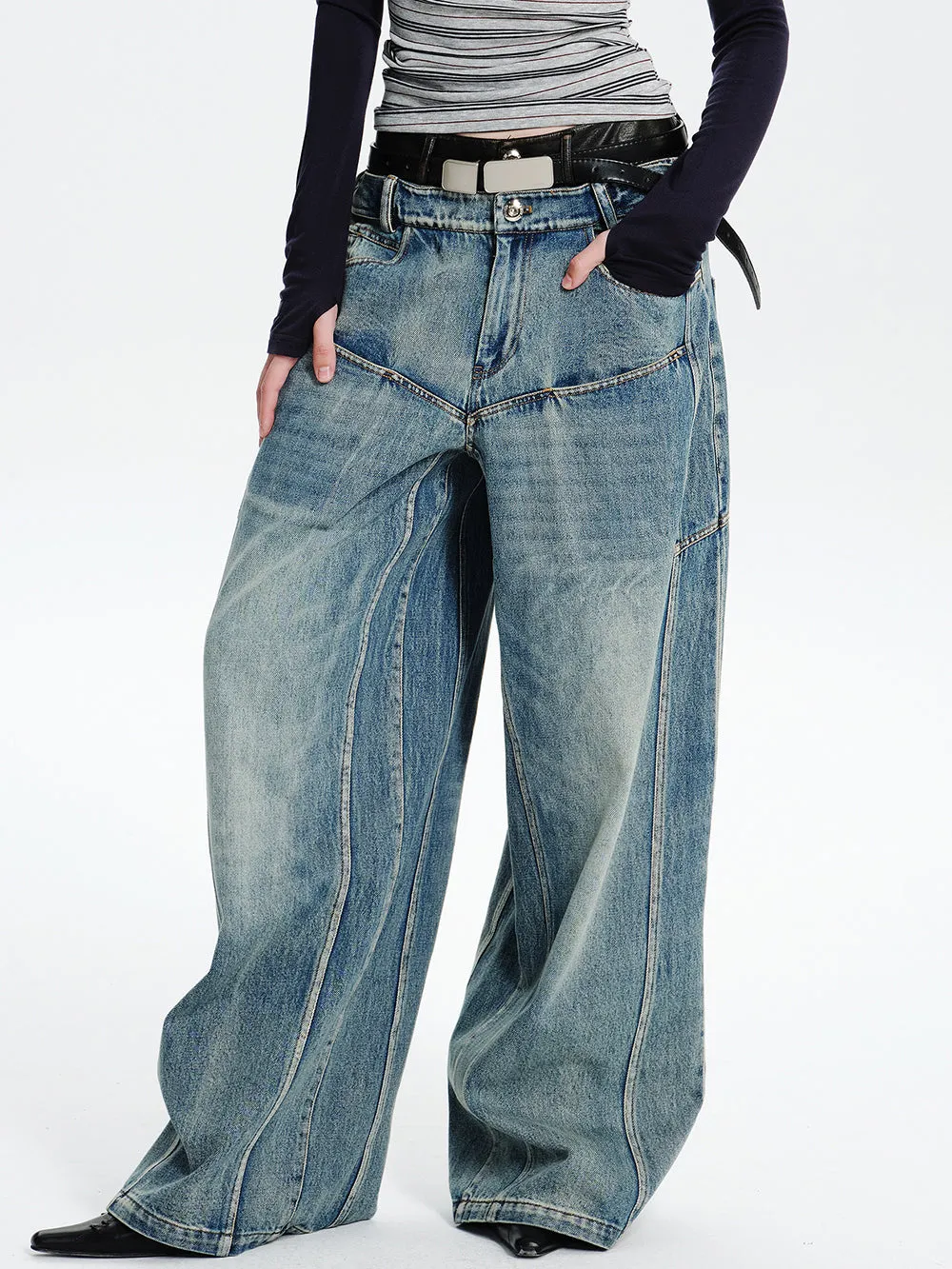 MUKTANK×MODULER Leather-Paneled Heavy-Duty Oversized Jeans sold by Muzkin product image thumbnail 3