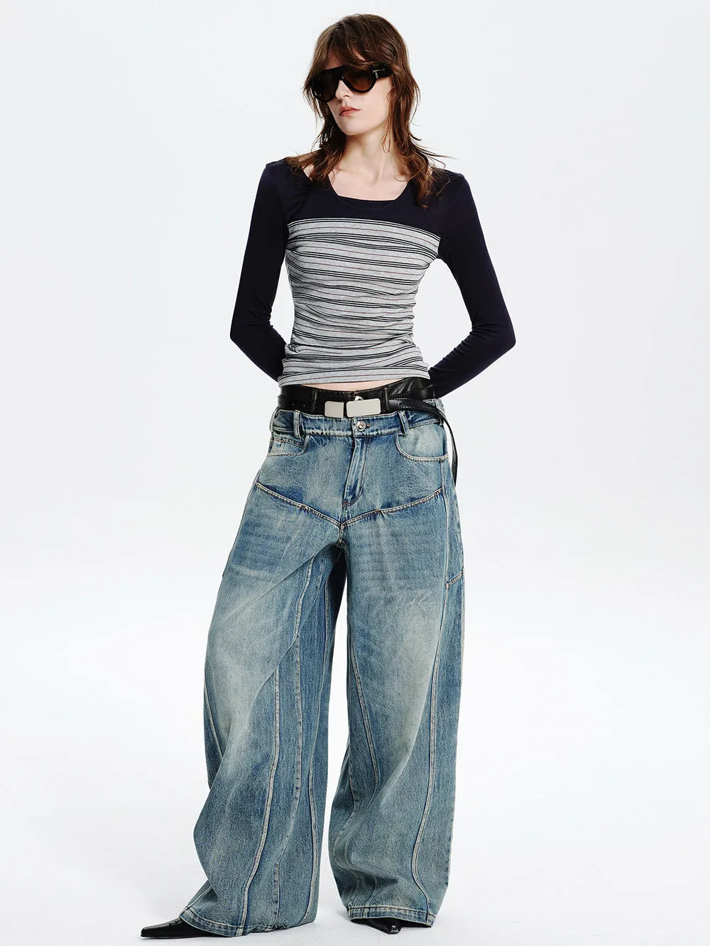 MUKTANK×MODULER Leather-Paneled Heavy-Duty Oversized Jeans sold by Muzkin product image thumbnail 4