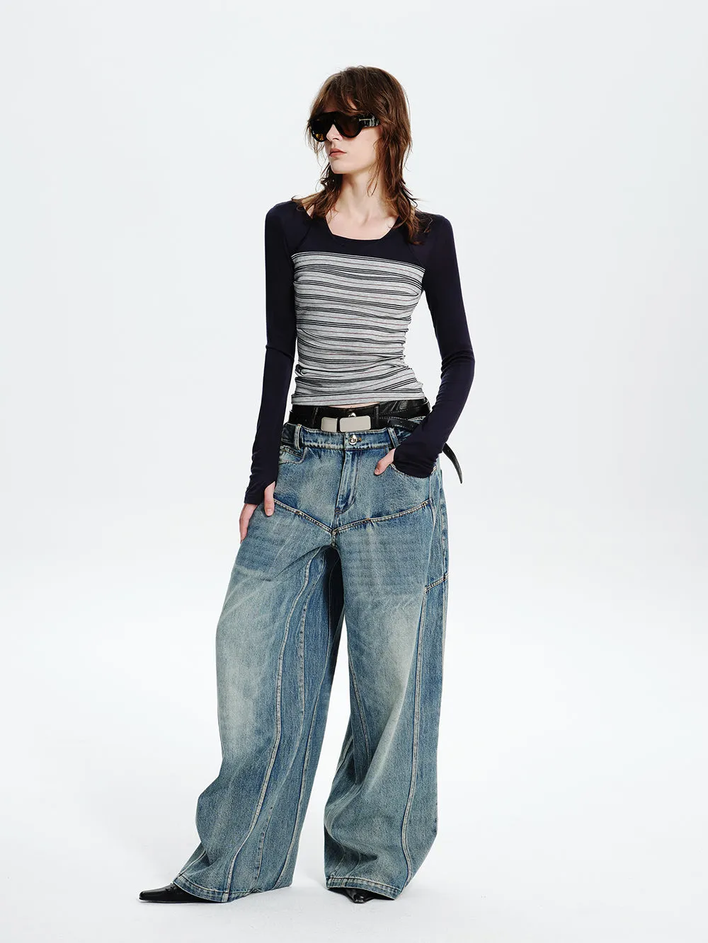 MUKTANK×MODULER Leather-Paneled Heavy-Duty Oversized Jeans sold by Muzkin