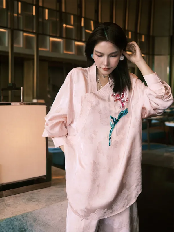 MUKZIN“Capsule Collection”Pink Jacquard Embroidery Loose Long Shirt sold by Muzkin