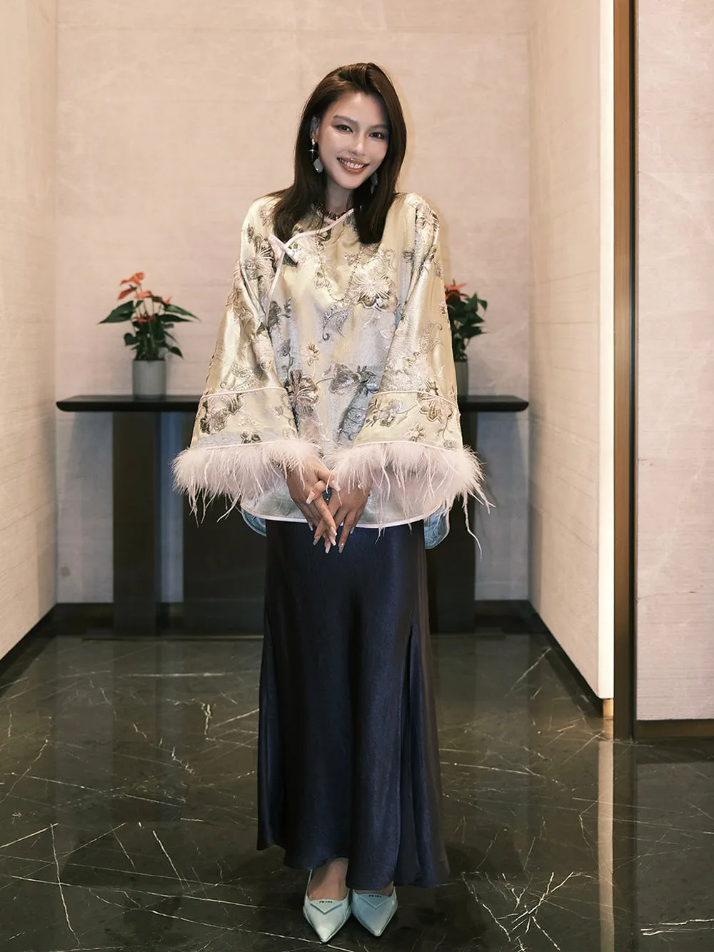 MUKZIN“Capsule Collection”Champagne Gold Jacquard Qipao-Collar Feather-Sleeve Chinese Style Loose Shirt sold by Muzkin product image thumbnail 3