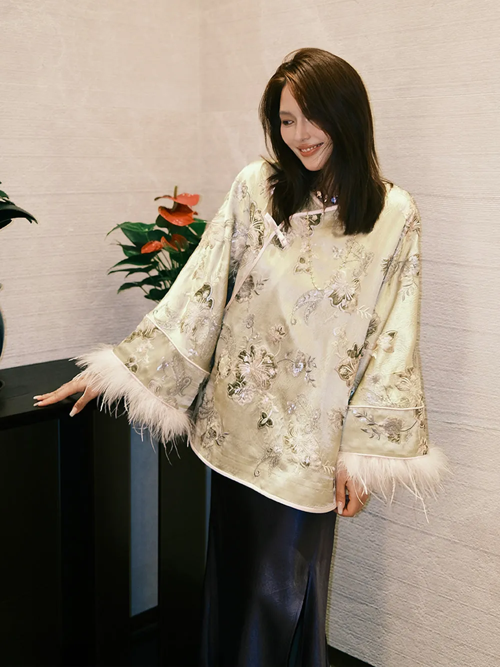 MUKZIN“Capsule Collection”Champagne Gold Jacquard Qipao-Collar Feather-Sleeve Chinese Style Loose Shirt sold by Muzkin product image thumbnail 4