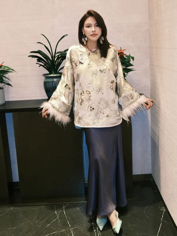 MUKZIN“Capsule Collection”Champagne Gold Jacquard Qipao-Collar Feather-Sleeve Chinese Style Loose Shirt sold by Muzkin