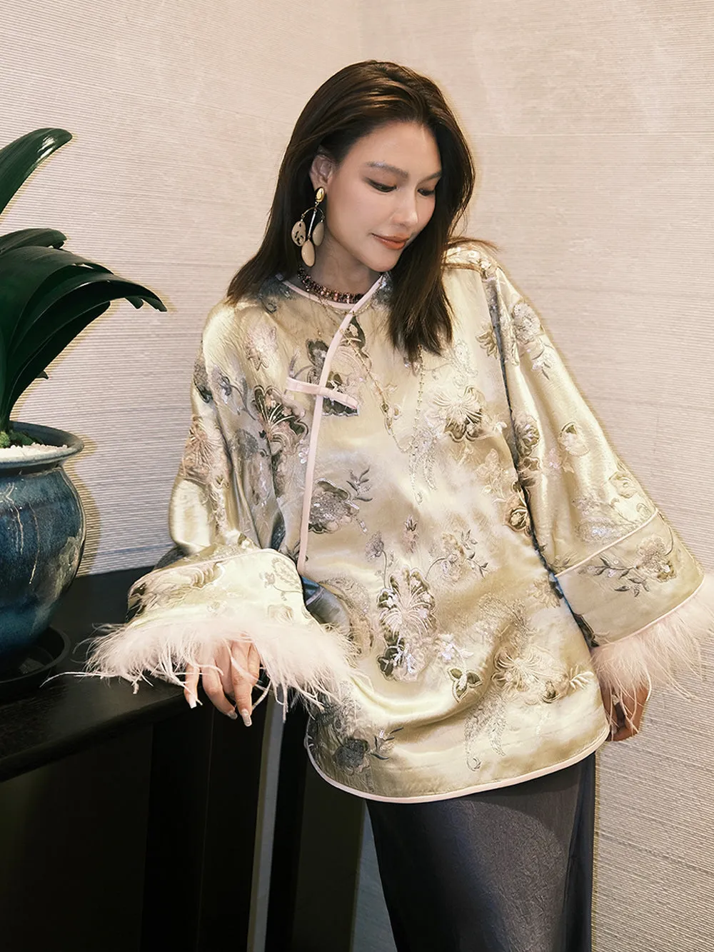 MUKZIN“Capsule Collection”Champagne Gold Jacquard Qipao-Collar Feather-Sleeve Chinese Style Loose Shirt sold by Muzkin product image thumbnail 2