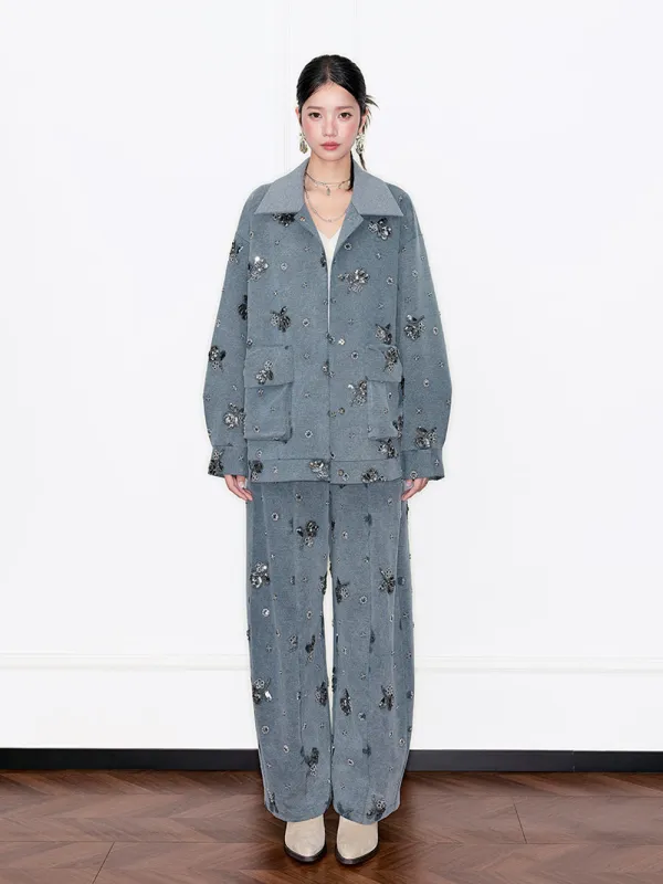 MUKZIN“Capsule Collection”Gray Rhinestone Embellished Oversized Heavy-Duty Wide-Leg Pants sold by Muzkin