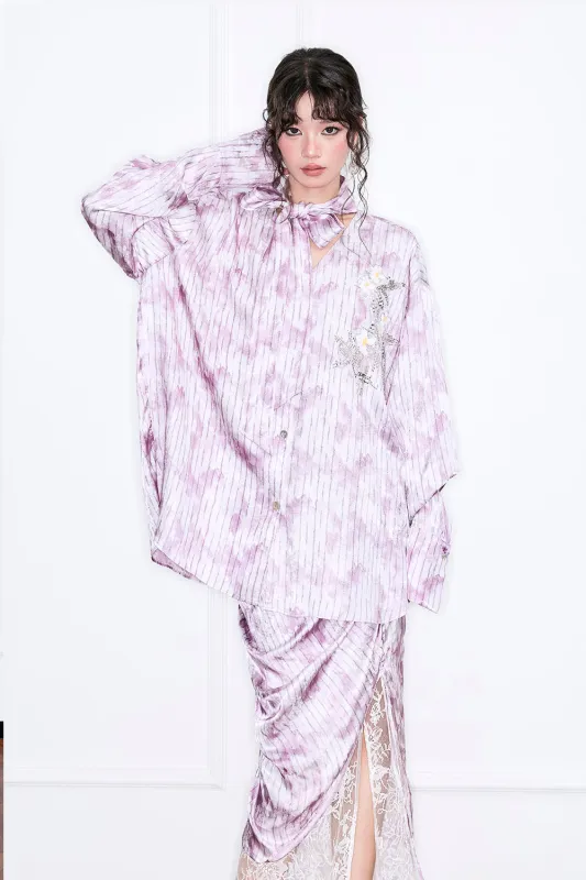 MUKZIN“Realm of Ethereal Mist”Lavender Purple Oversized Shirt with Ribbons - Handmade Plant-Dyed sold by Muzkin