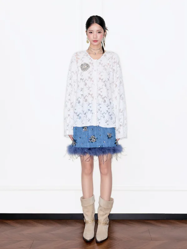 MUKZIN“Capsule Collection”White Lace Puff-Sleeve Cardigan sold by Muzkin