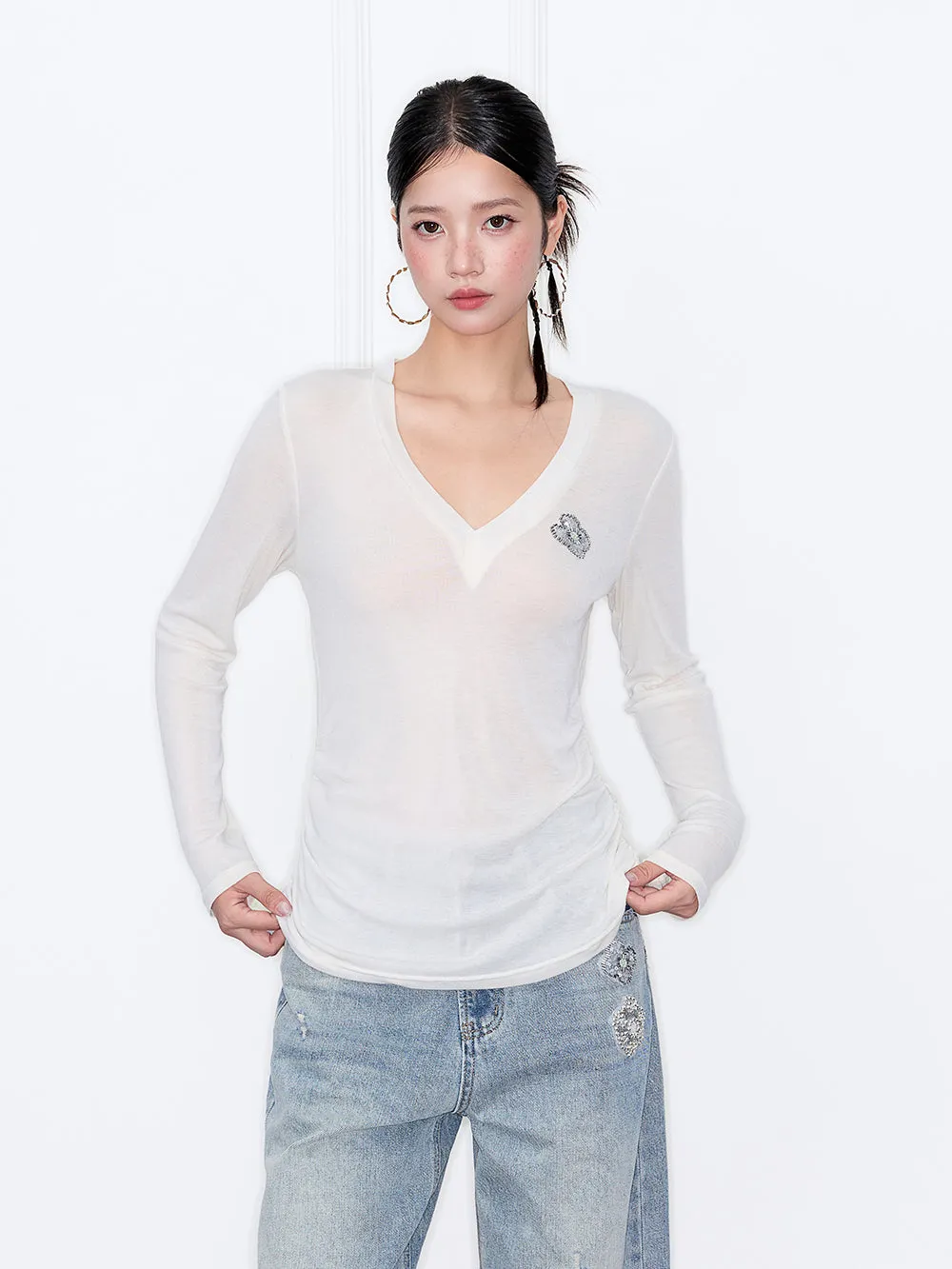 MUKZIN“Capsule Collection”V-Neck Slim-Fit Base Layer Top with Rhinestone Embellishment sold by Muzkin product image thumbnail 3