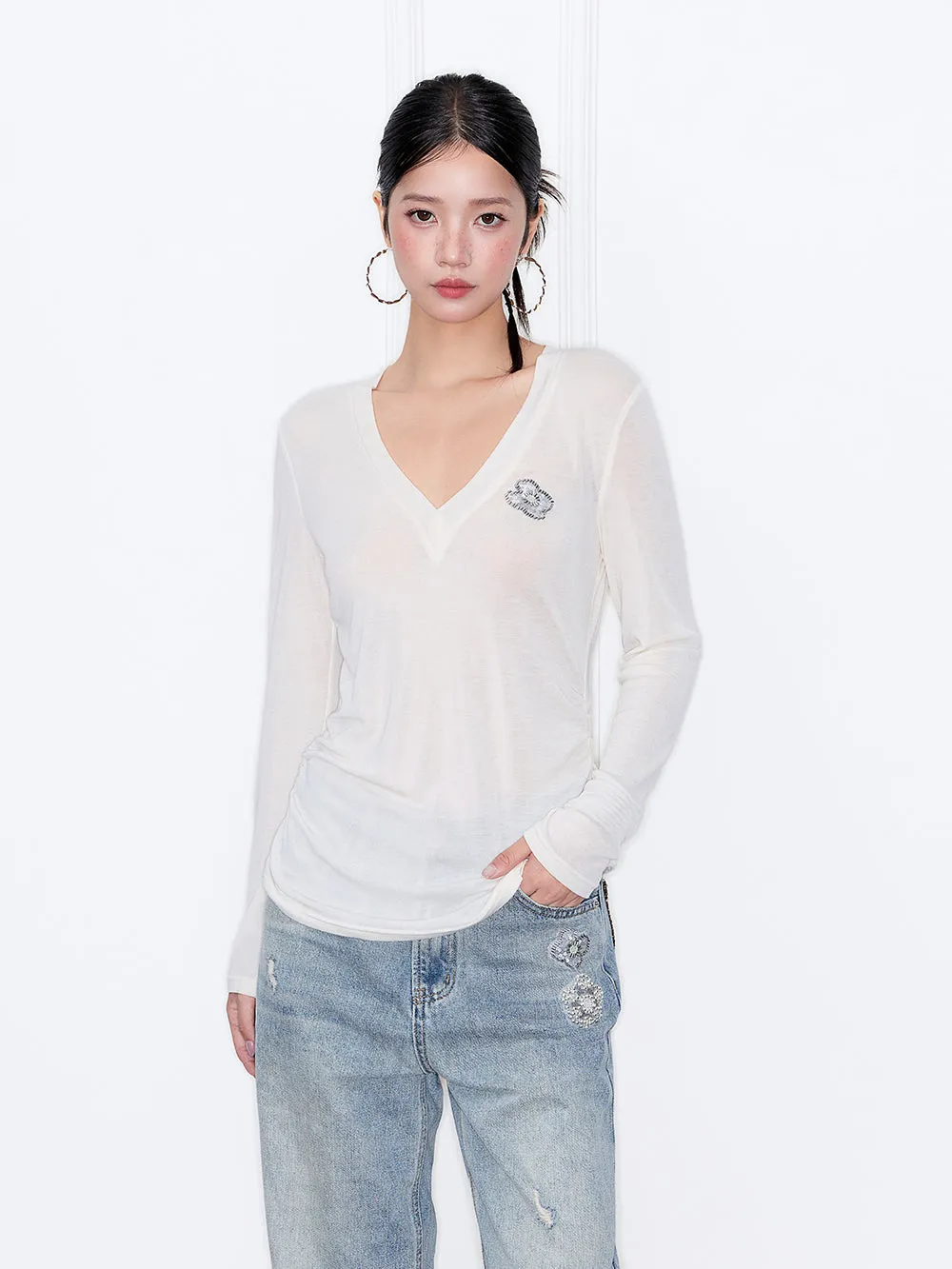 MUKZIN“Capsule Collection”V-Neck Slim-Fit Base Layer Top with Rhinestone Embellishment sold by Muzkin