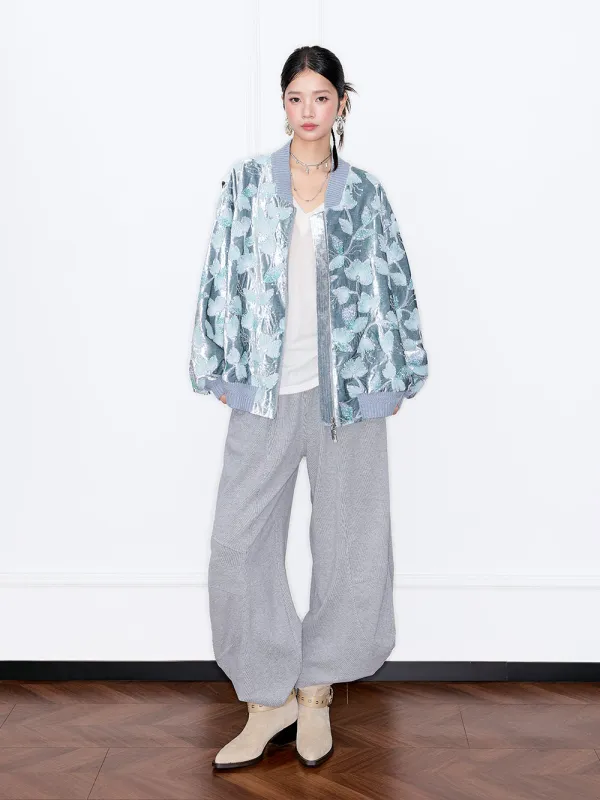 MUKZIN“Capsule Collection”Silver Gray Velvet Jacquard Baseball Jacket sold by Muzkin