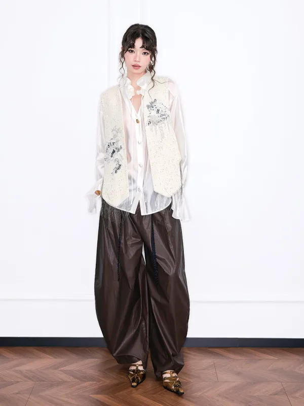 MUKZIN“Realm of Ethereal Mist”Dark Mocha Drawstring Waist Wide-Leg Pants sold by Muzkin