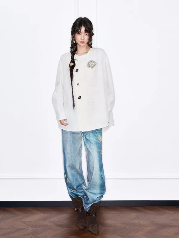 MUKZIN“The Sequence of Deer's Call”White Asymmetrical Placket Button Decor Badge Oversized Jacquard Shirt sold by Muzkin