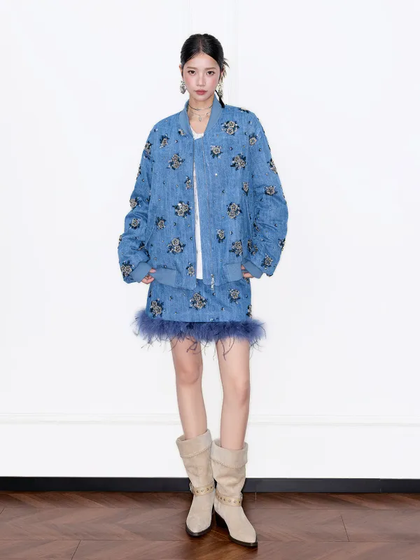 MUKZIN“Capsule Collection”Denim Mini Skirt with Feather Trim & Diamond Floral Details sold by Muzkin