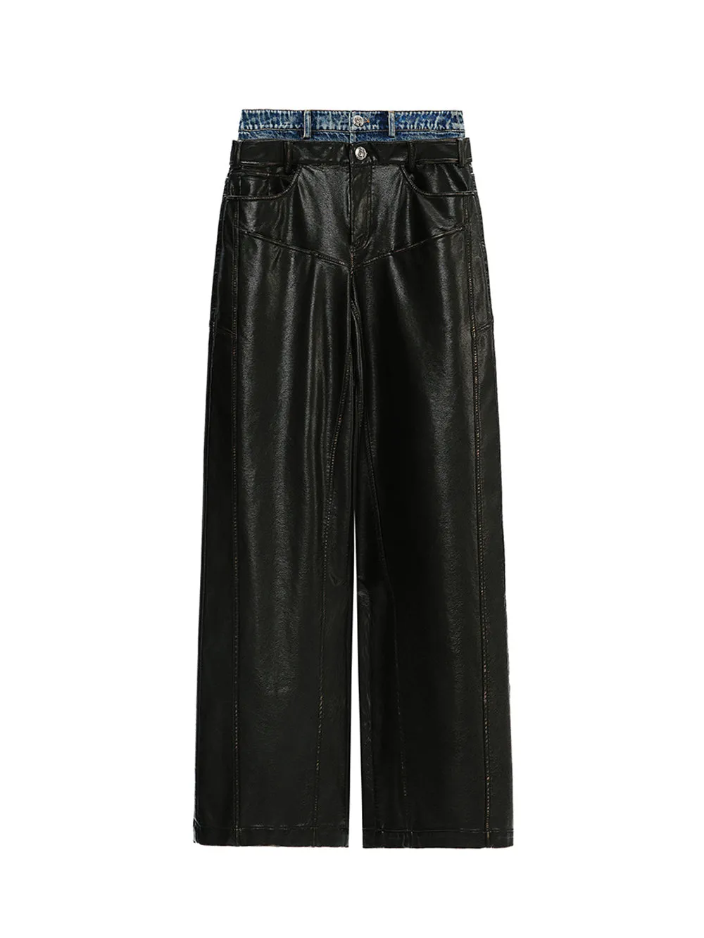 MUKTANK×MODULER Denim-Paneled Heavy-Duty Oversized Leather Pants sold by Muzkin