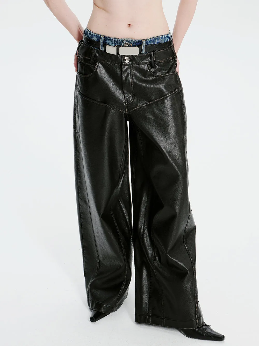 MUKTANK×MODULER Denim-Paneled Heavy-Duty Oversized Leather Pants sold by Muzkin product image thumbnail 3