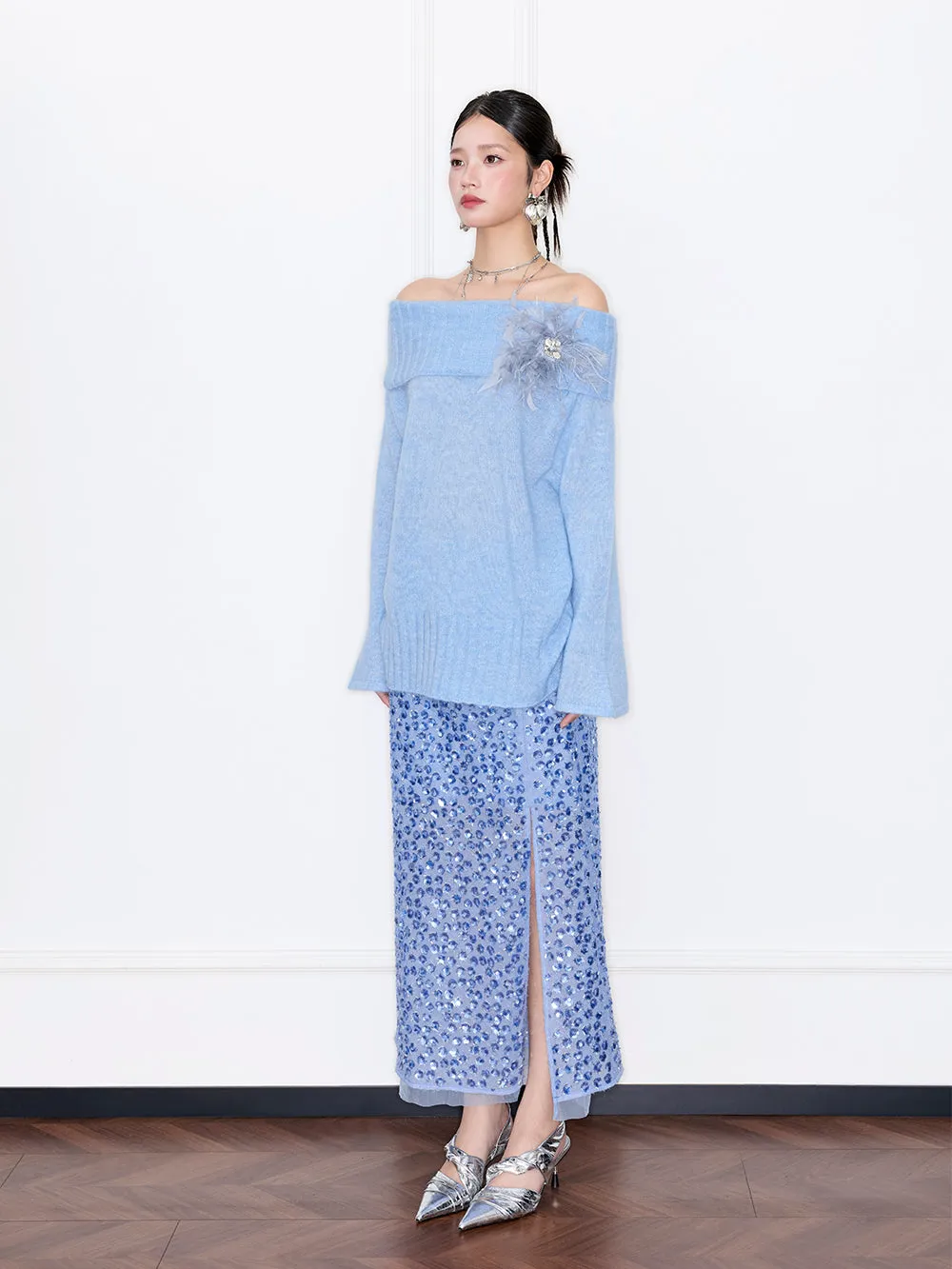MUKZIN“Capsule Collection”Off-the-shoulder Feather Decor Loose Sweater sold by Muzkin product image thumbnail 4