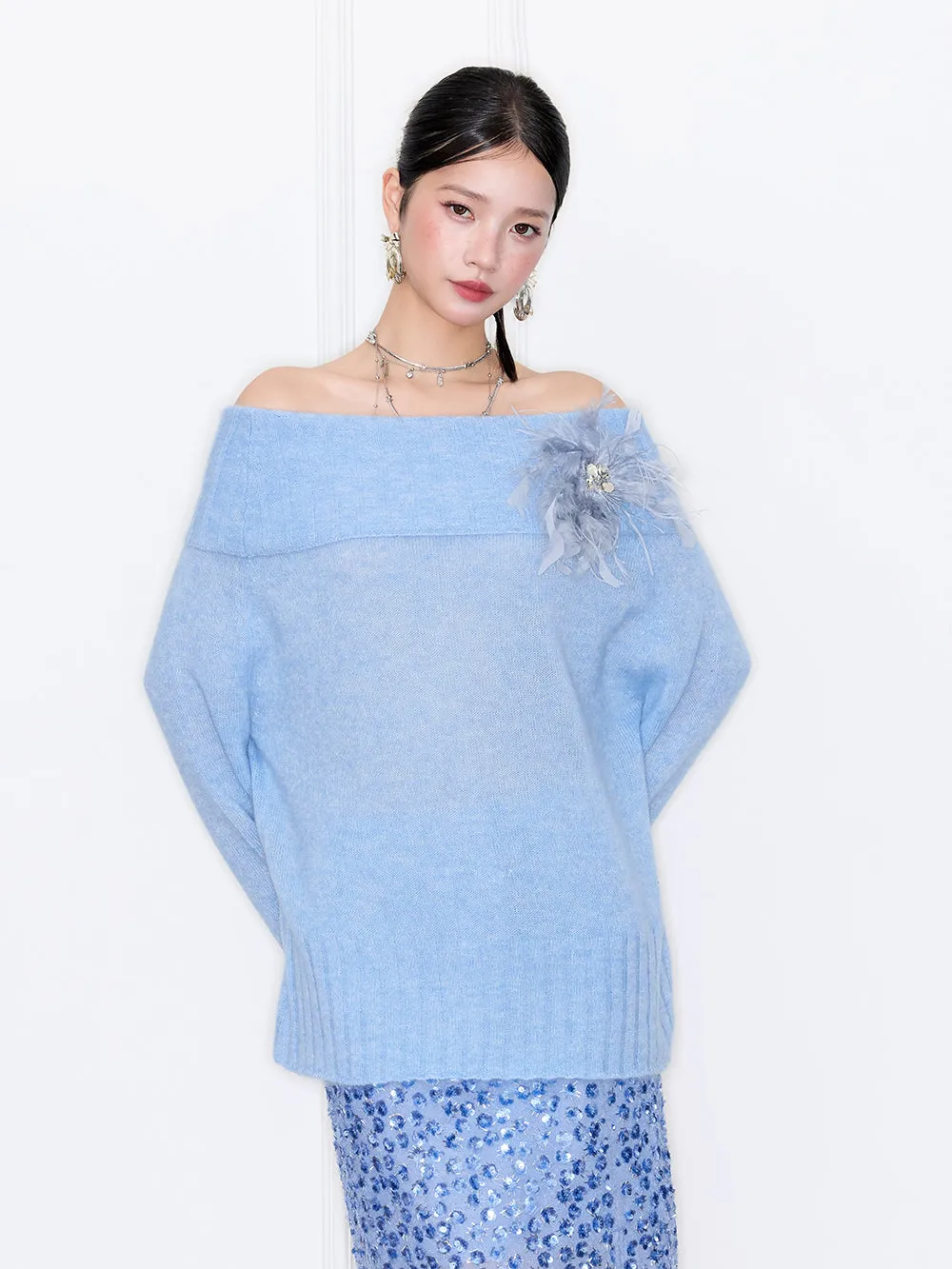 MUKZIN“Capsule Collection”Off-the-shoulder Feather Decor Loose Sweater sold by Muzkin