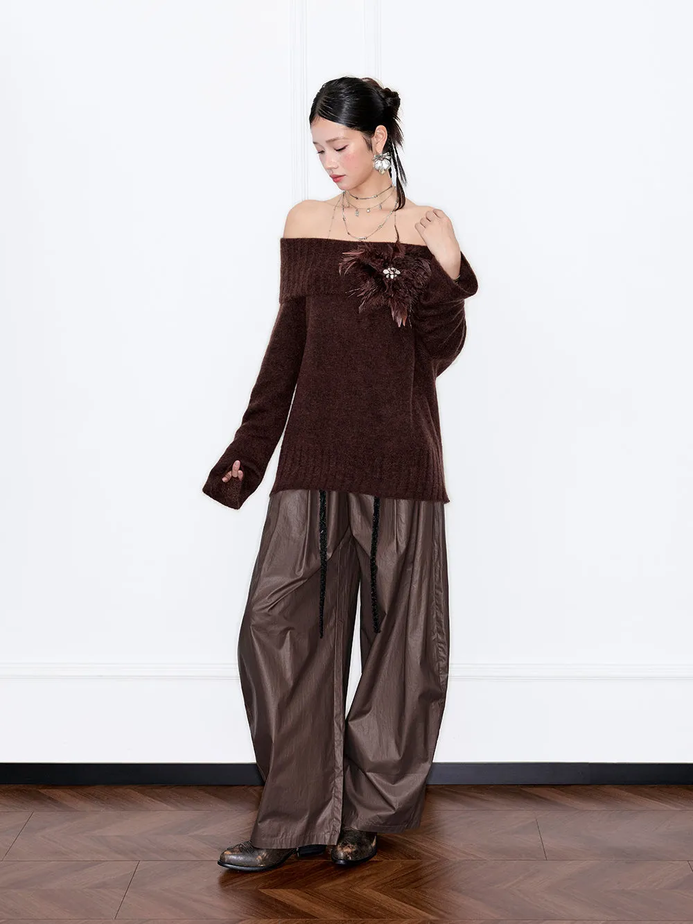 MUKZIN“Capsule Collection”Off-the-shoulder Feather Decor Loose Sweater sold by Muzkin product image thumbnail 5