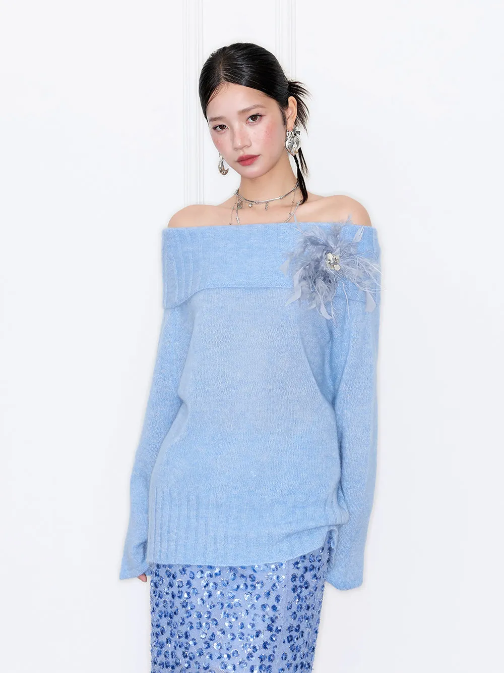 MUKZIN“Capsule Collection”Off-the-shoulder Feather Decor Loose Sweater sold by Muzkin product image thumbnail 2
