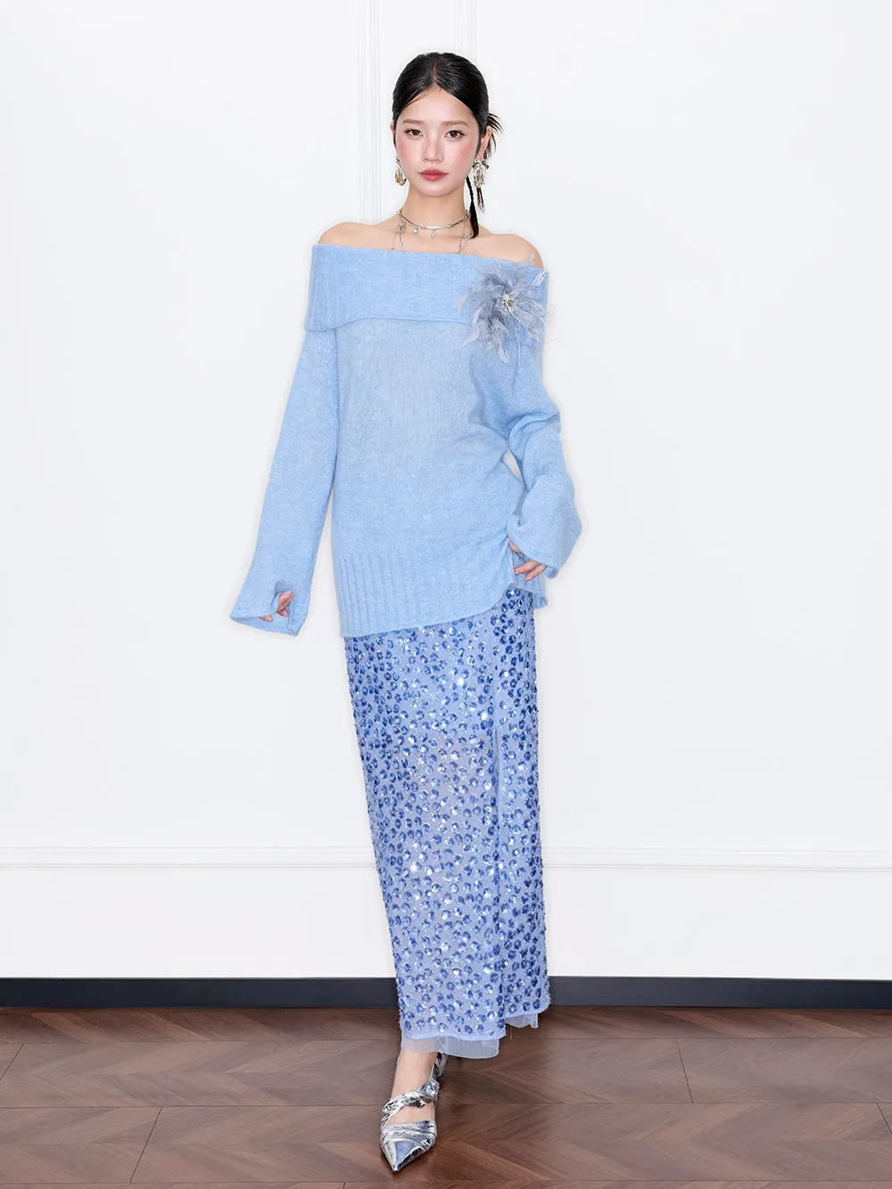 MUKZIN“Capsule Collection”Off-the-shoulder Feather Decor Loose Sweater sold by Muzkin product image thumbnail 3