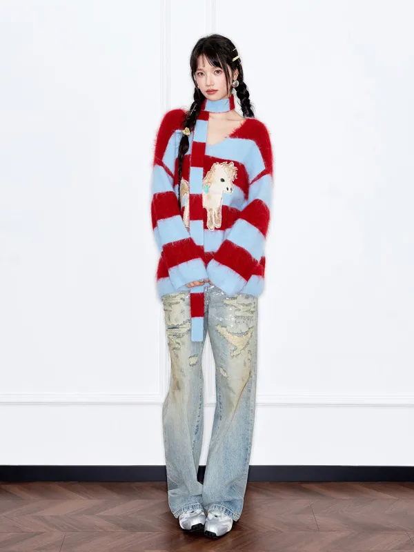 MUKZIN“The Sequence of Deer's Call”Red & Blue Striped Turtleneck Scarf Neck Pony Decor Sweet Cool Oversized Knit Sweater sold by Muzkin