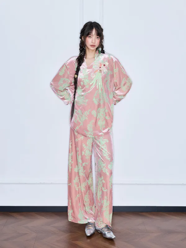 MUKZIN“Capsule Collection”Pink Velvet Chinese-Style Printed Wide-Leg Pants sold by Muzkin