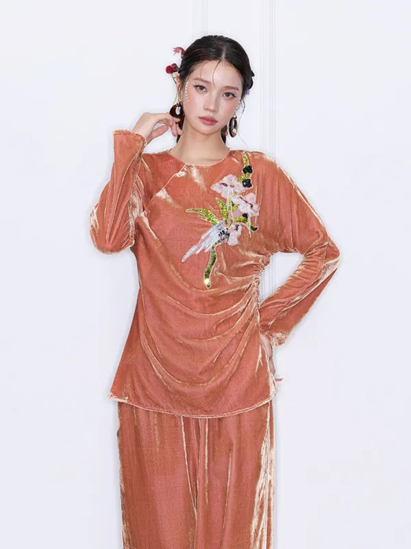 MUKZIN“Capsule Collection”Orange Velvet Long Sleeve Top | Oriental Floral Embroidered Sequin Embellished Blouse made by Muzkin