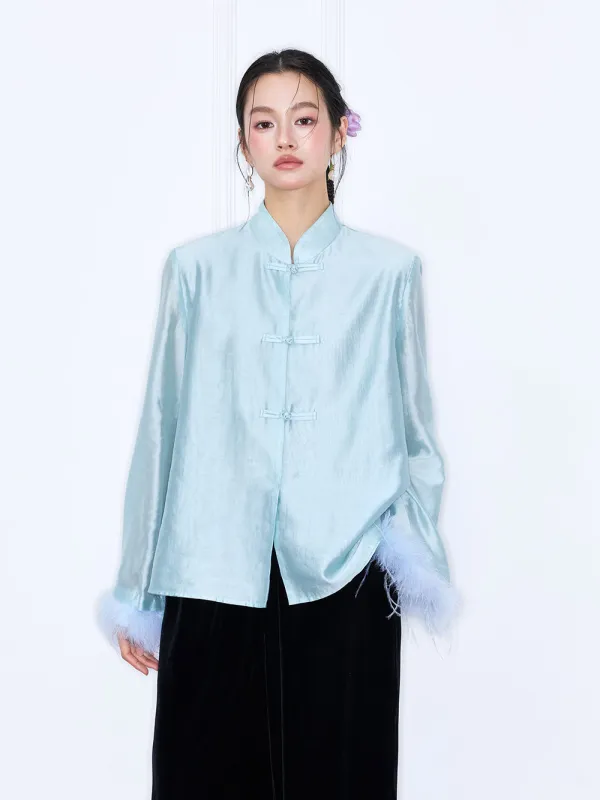 MUKZIN“Capsule Collection”Chinese Style Mandarin Collar Frog Button Blouse with Fur Cuff made by Muzkin