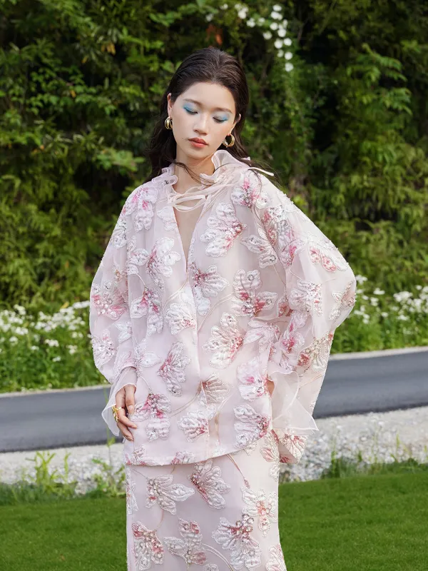 MUKZIN×Flourishing Blooms New Chinese-style embroidered net-silk leaf-sleeve loose coat made by Muzkin