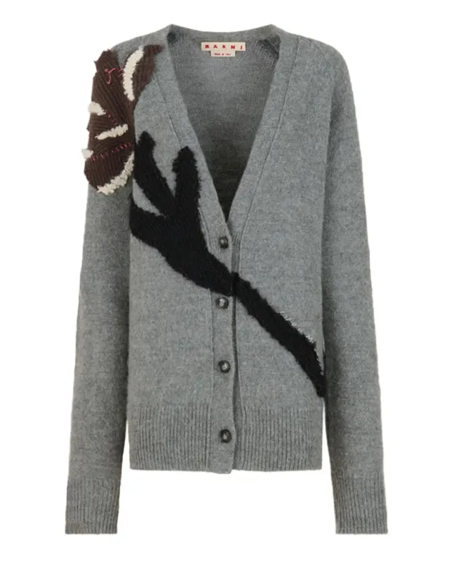 Gray Alpaca Wool Cardigan with Flower Patch made by Marni