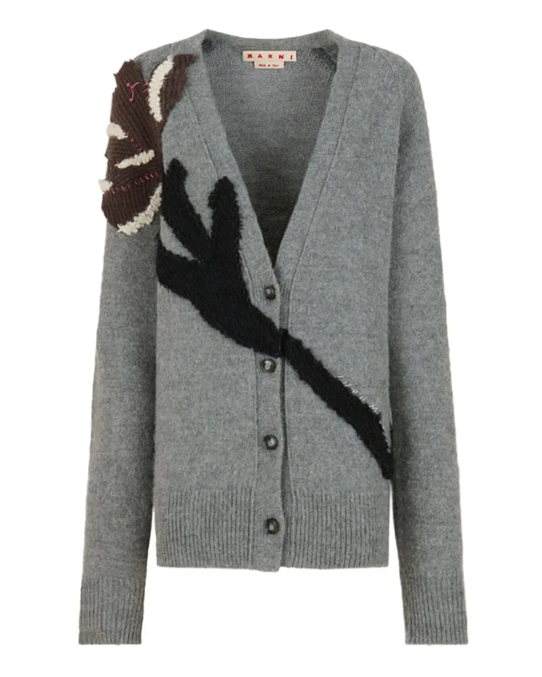 Gray Alpaca Wool Cardigan with Flower Patch sold by SHOWROOM