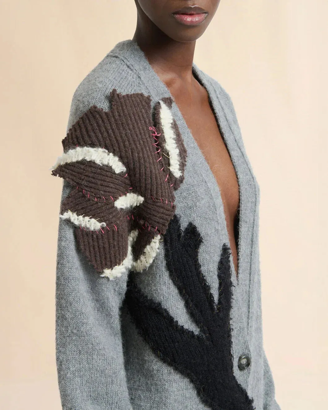 Gray Alpaca Wool Cardigan with Flower Patch sold by SHOWROOM product image thumbnail 5