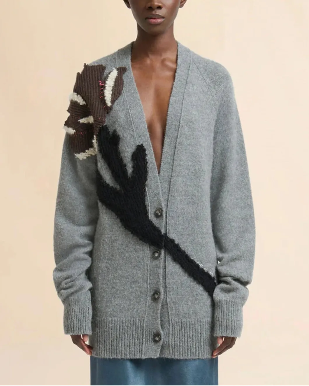 Gray Alpaca Wool Cardigan with Flower Patch sold by SHOWROOM product image thumbnail 2