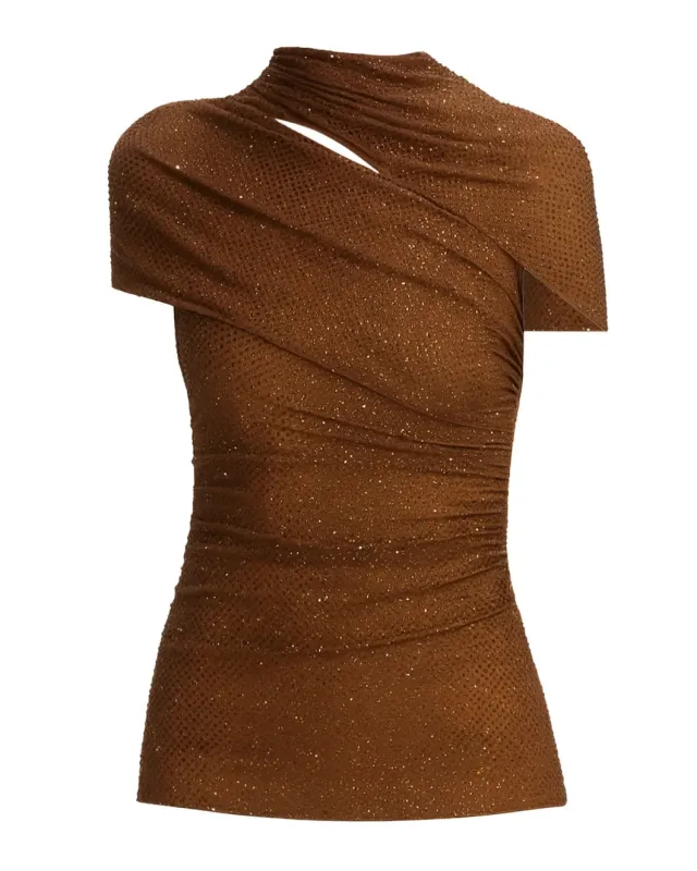 Brown Rhinestone Mesh Cut Out Top sold by SHOWROOM
