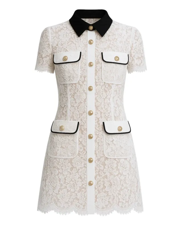 White Lace Contrast Collar Mini Dress sold by SHOWROOM