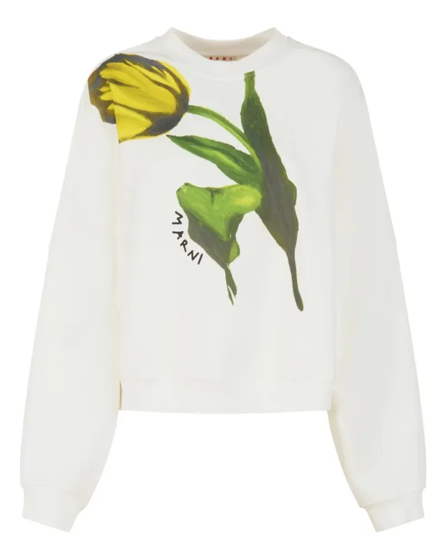 White Cotton Sweatshirt with Tulip Print sold by SHOWROOM