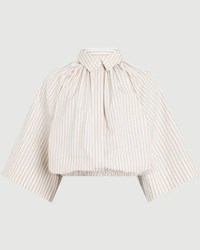 Organic Cotton Voluminous Short-Sleeved Striped Blouse made by Patou