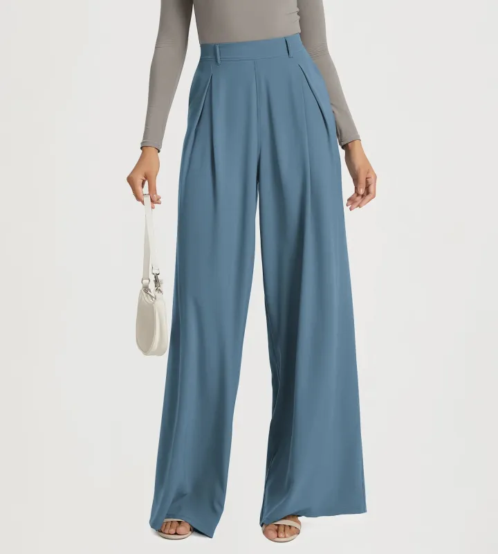 27" Chiffon Flowy Pleated Wide Leg Pants with Pockets sold by Ododos