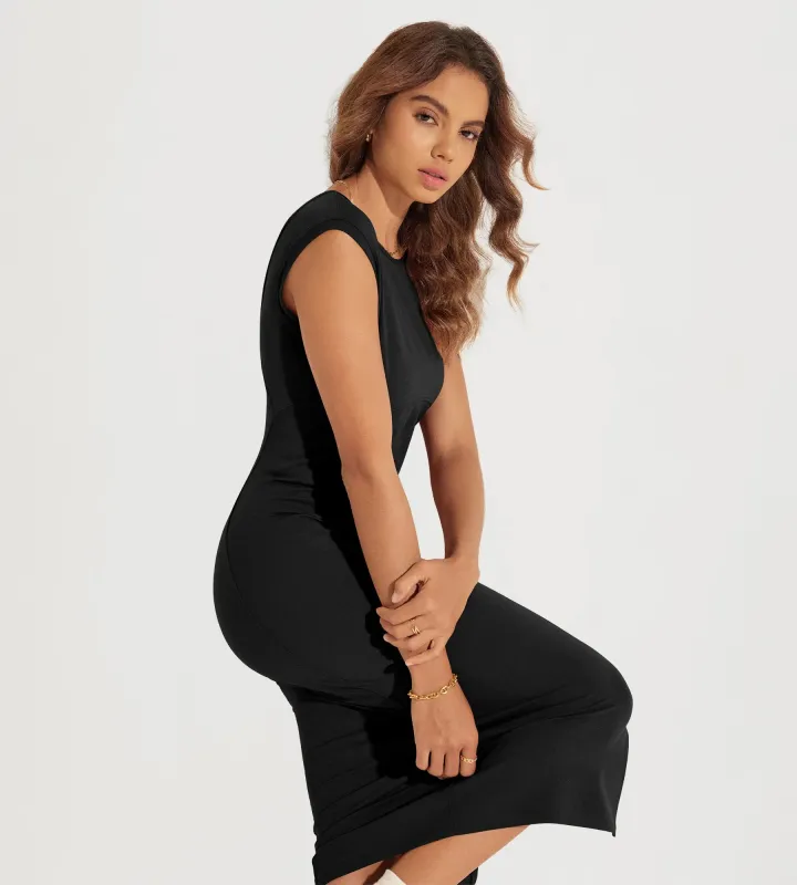 ODODOS Women's Front Split Midi Bodycon Tank Dress Square Back Crew Neck sold by Ododos