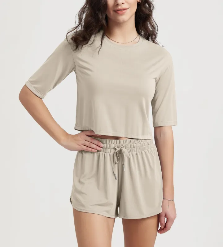 Women's Relaxed Fit Cropped T-Shirt Short Sleeve Crew Neck sold by Ododos