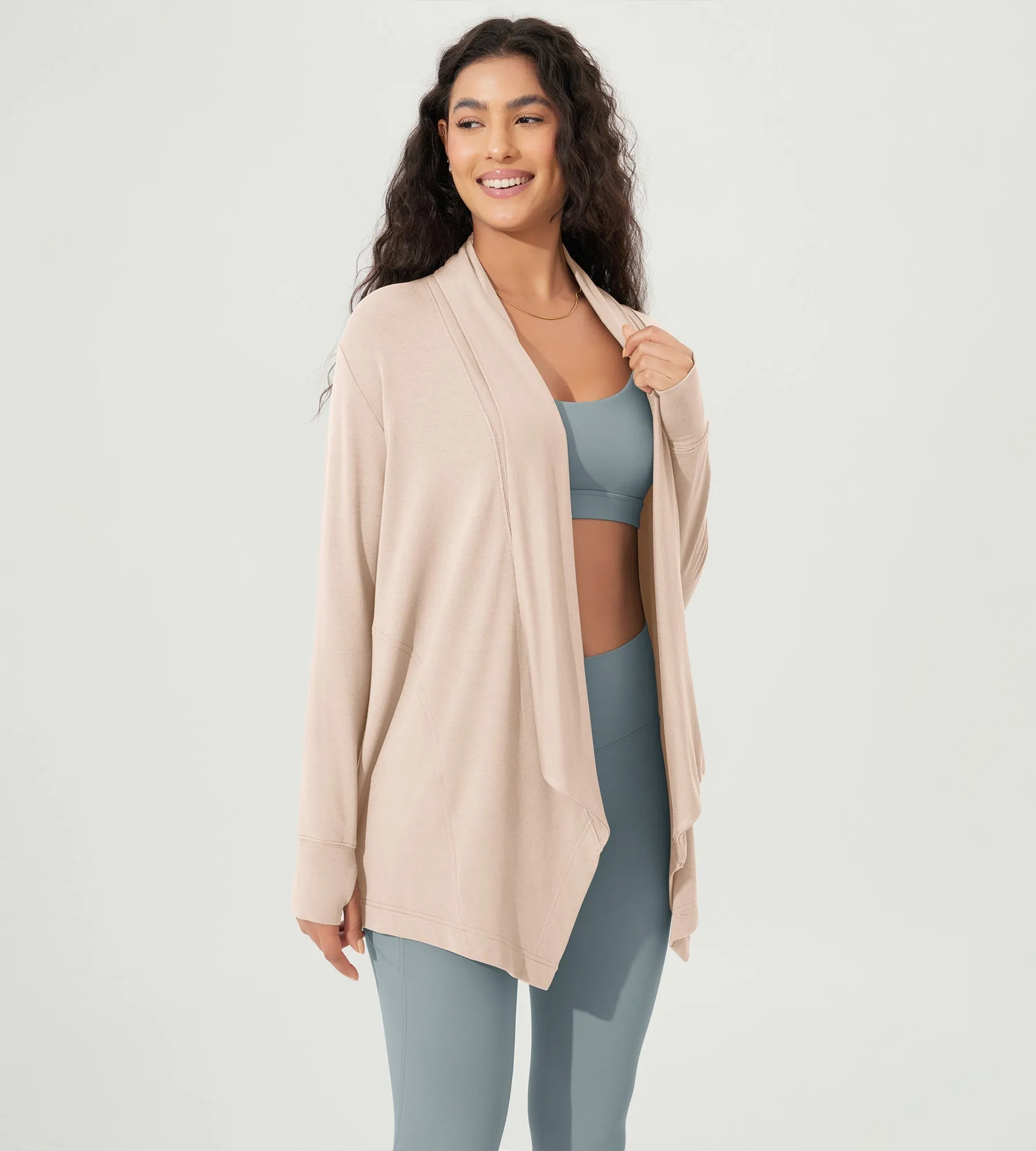 Drape Open Front Cozy Soft Cardigans Outerwear with Pockets Thumb Hole sold by Ododos product image thumbnail 3