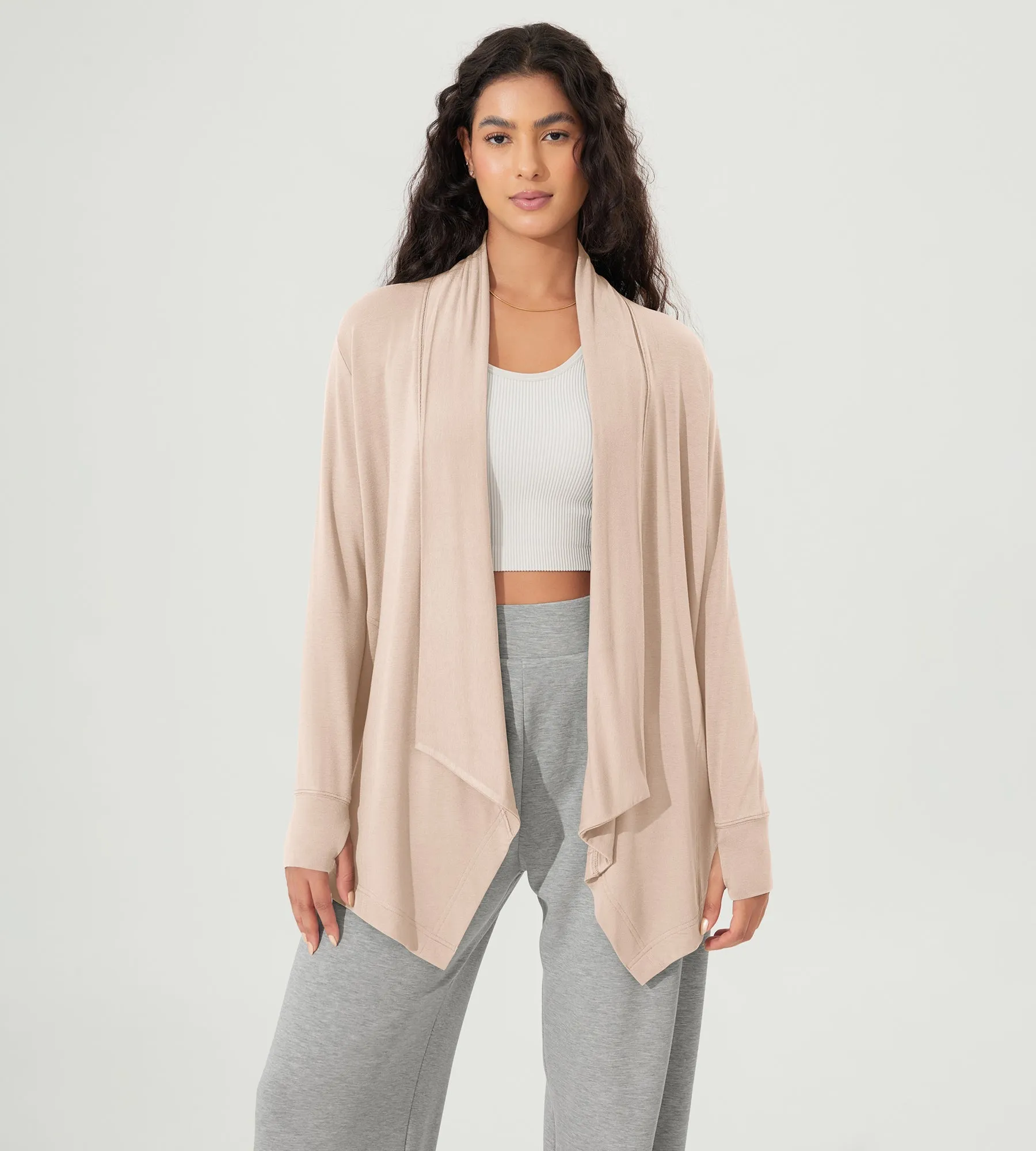 Drape Open Front Cozy Soft Cardigans Outerwear with Pockets Thumb Hole sold by Ododos