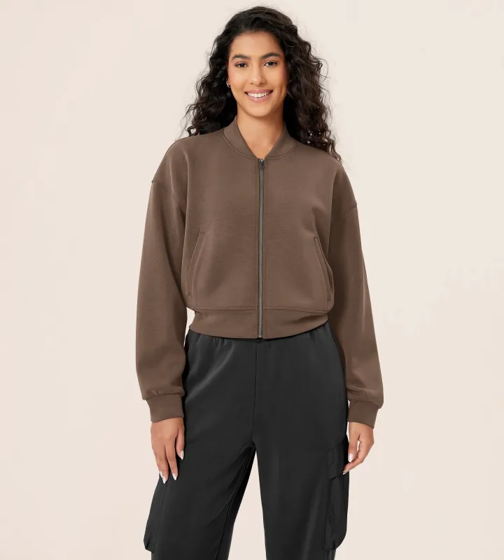 Modal Soft Full-Zip Bomber Casual Outfit Crop Jacket with Pockets made by Ododos