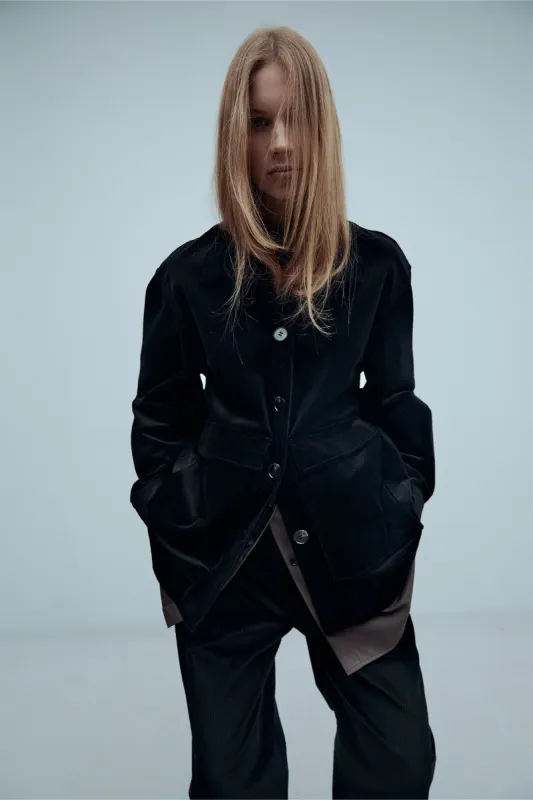 Everett Jacket Black Cord sold by Harris Tapper