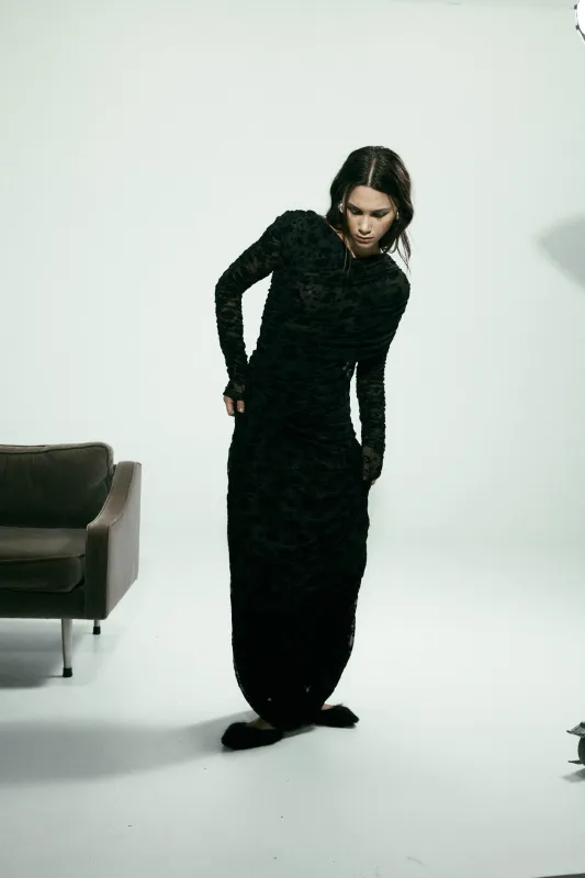 Rosie Wrap Dress in Mesh Velvet sold by Harris Tapper