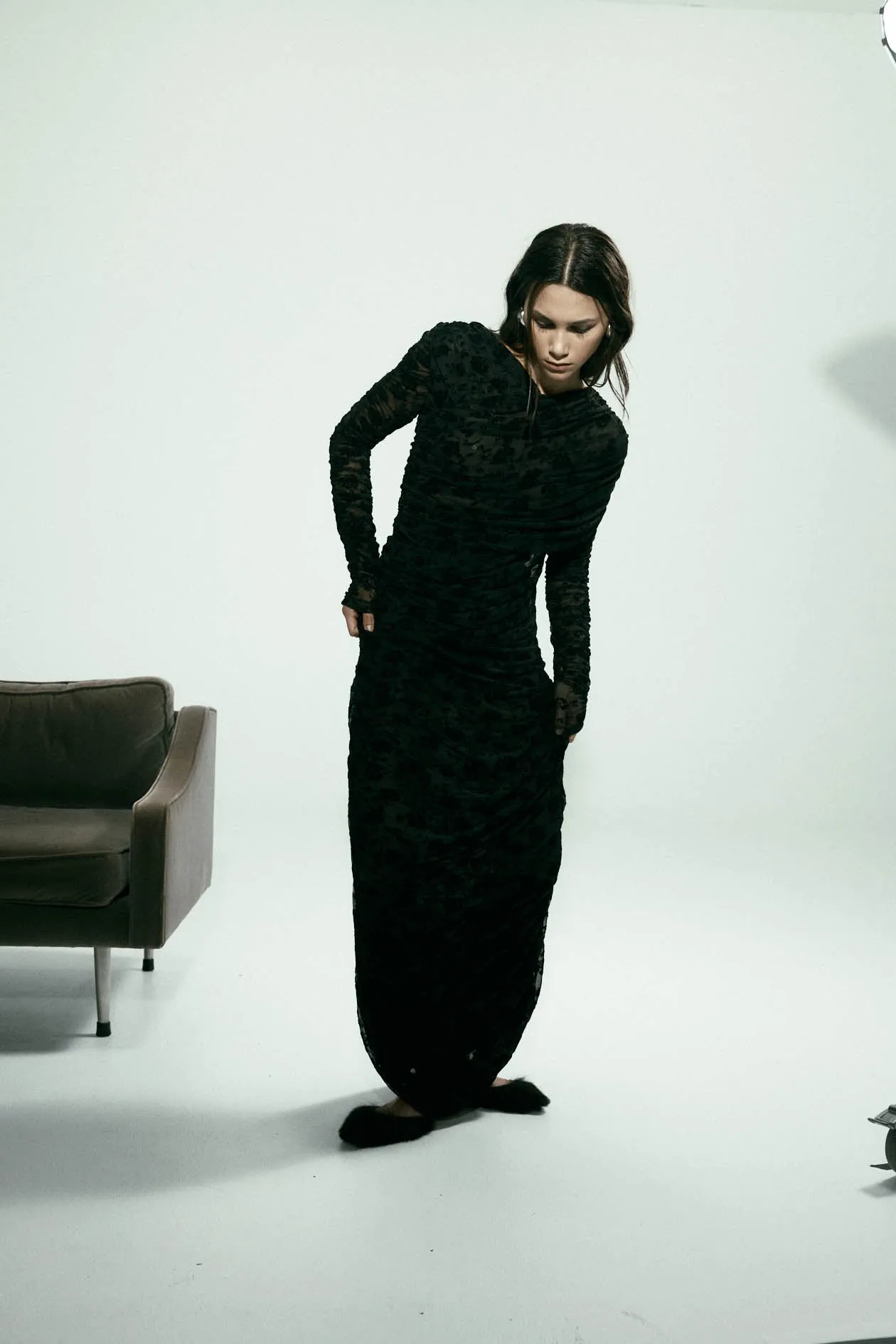 Rosie Wrap Dress in Mesh Velvet sold by Harris Tapper