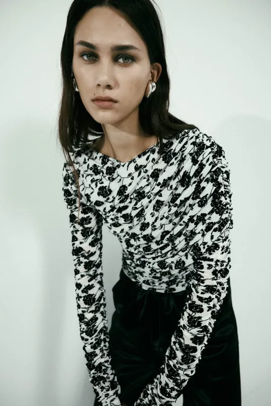 Rosie Wrap Top in Mesh Velvet sold by Harris Tapper