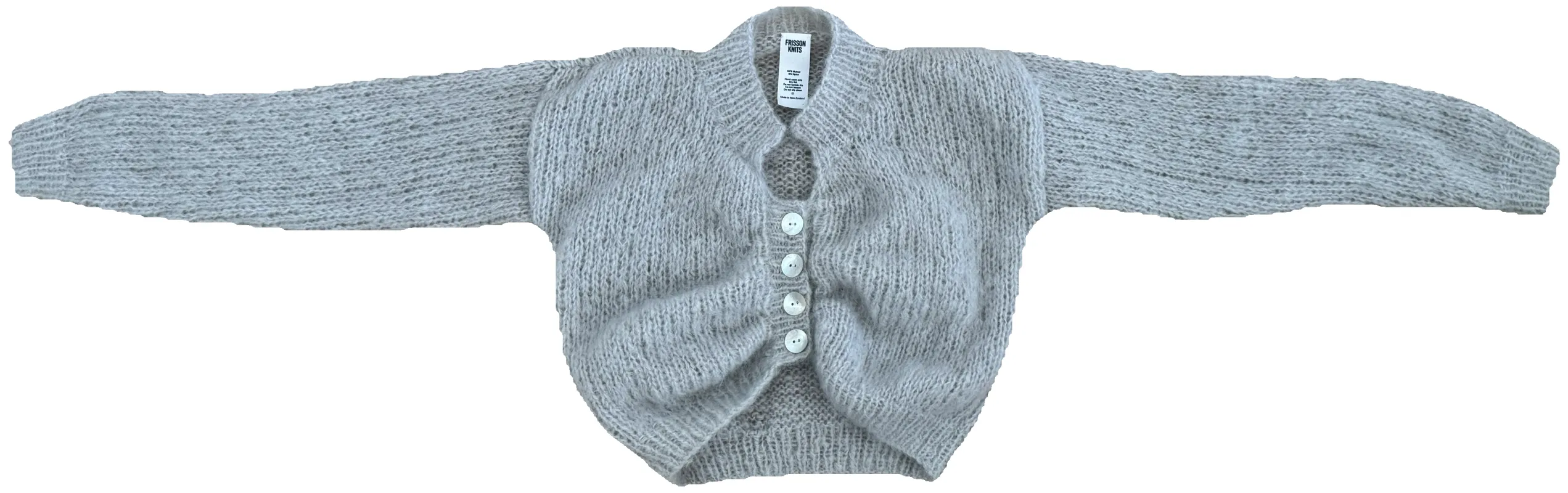 MINNIE MOHAIR CARDIGAN SILVER sold by Frisson Knits